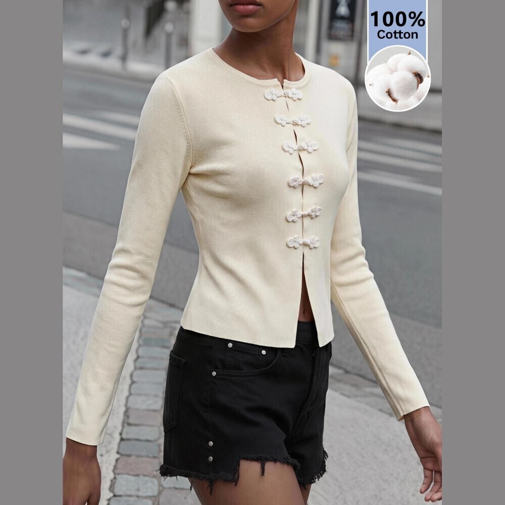 Cream Cotton Knit Frog Button Cropped Cardigan with Stand Collar